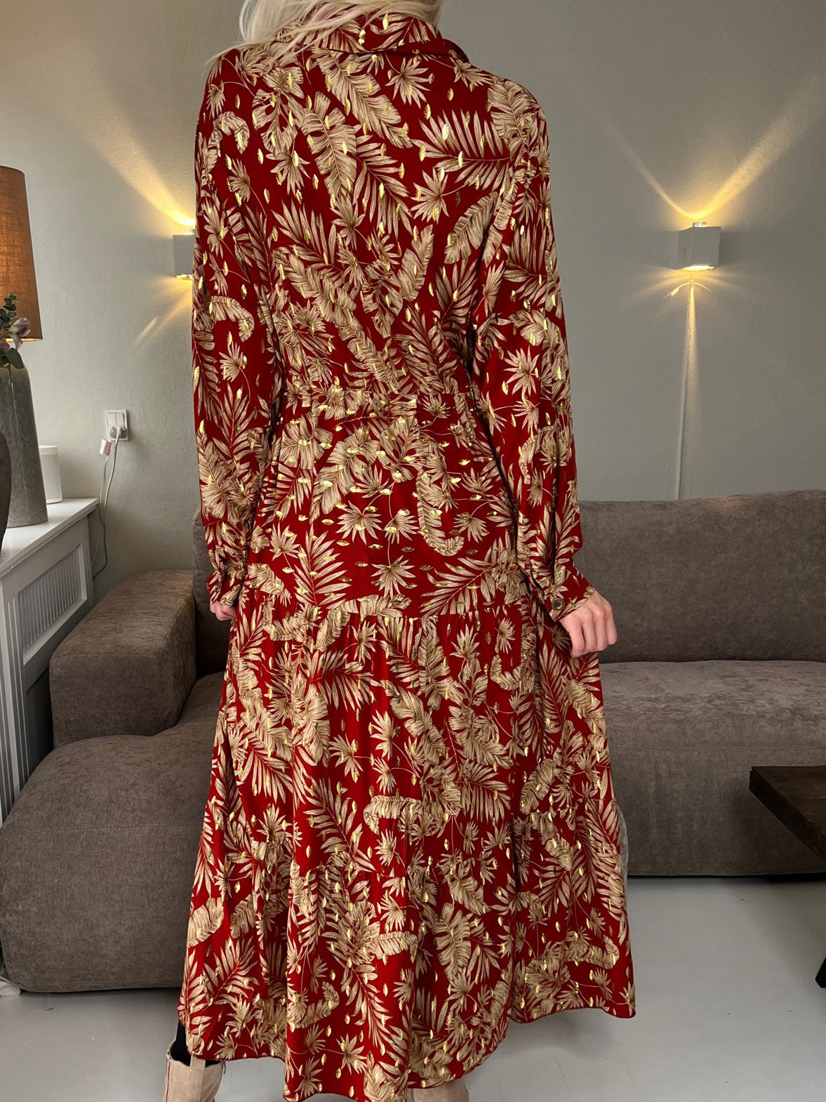 Naia - Lang skjortekjole med mønster og bindebånd